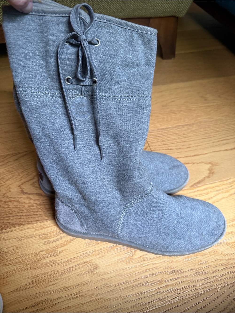 *UGG Gray Jersey Knit Tall Lace-Up Mid Calf Boots Size 9